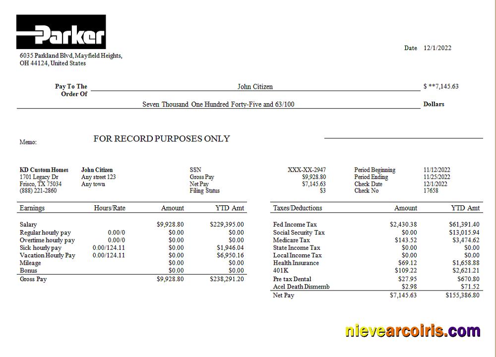 USA Parker Hannifin engineering company pay stub